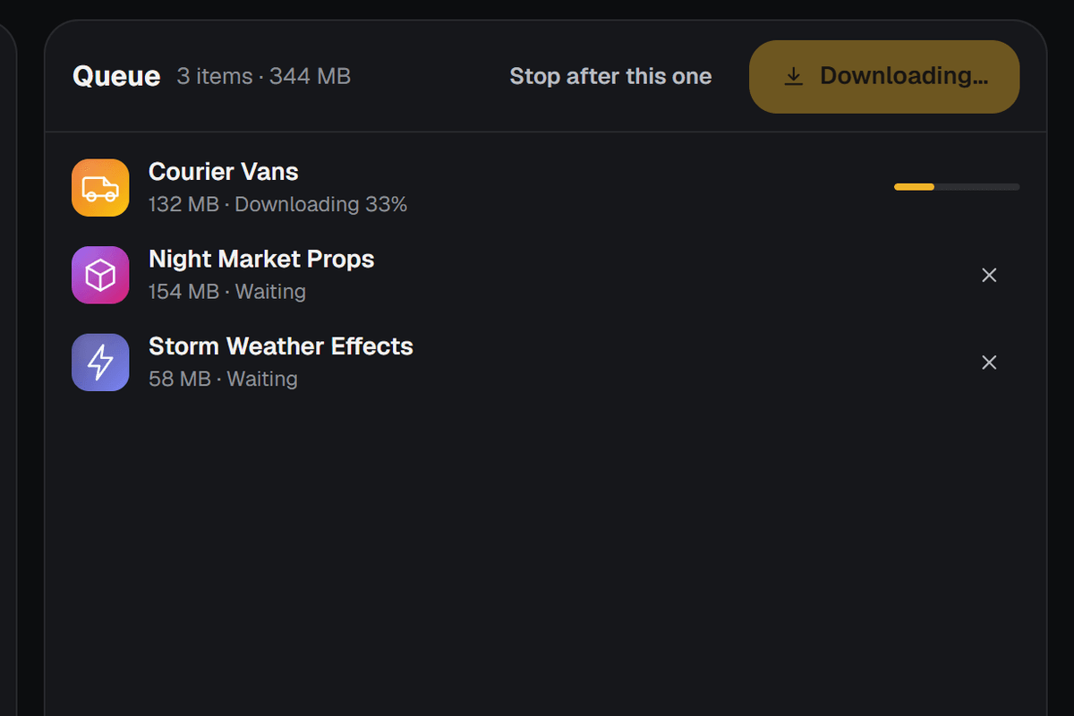 The Downloader's queue: three Workshop items, the first one downloading and two waiting