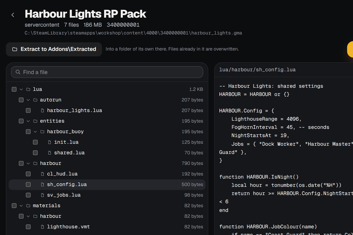 A .gma open: its files as a tree with folder sizes, and a Lua file previewed beside it
