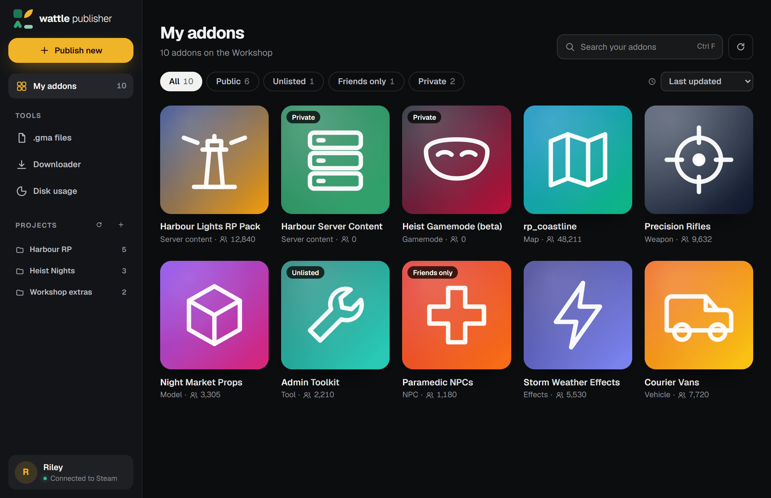 Wattle Publisher's library: ten Workshop addons as tiles, with the tools and three projects in the menu