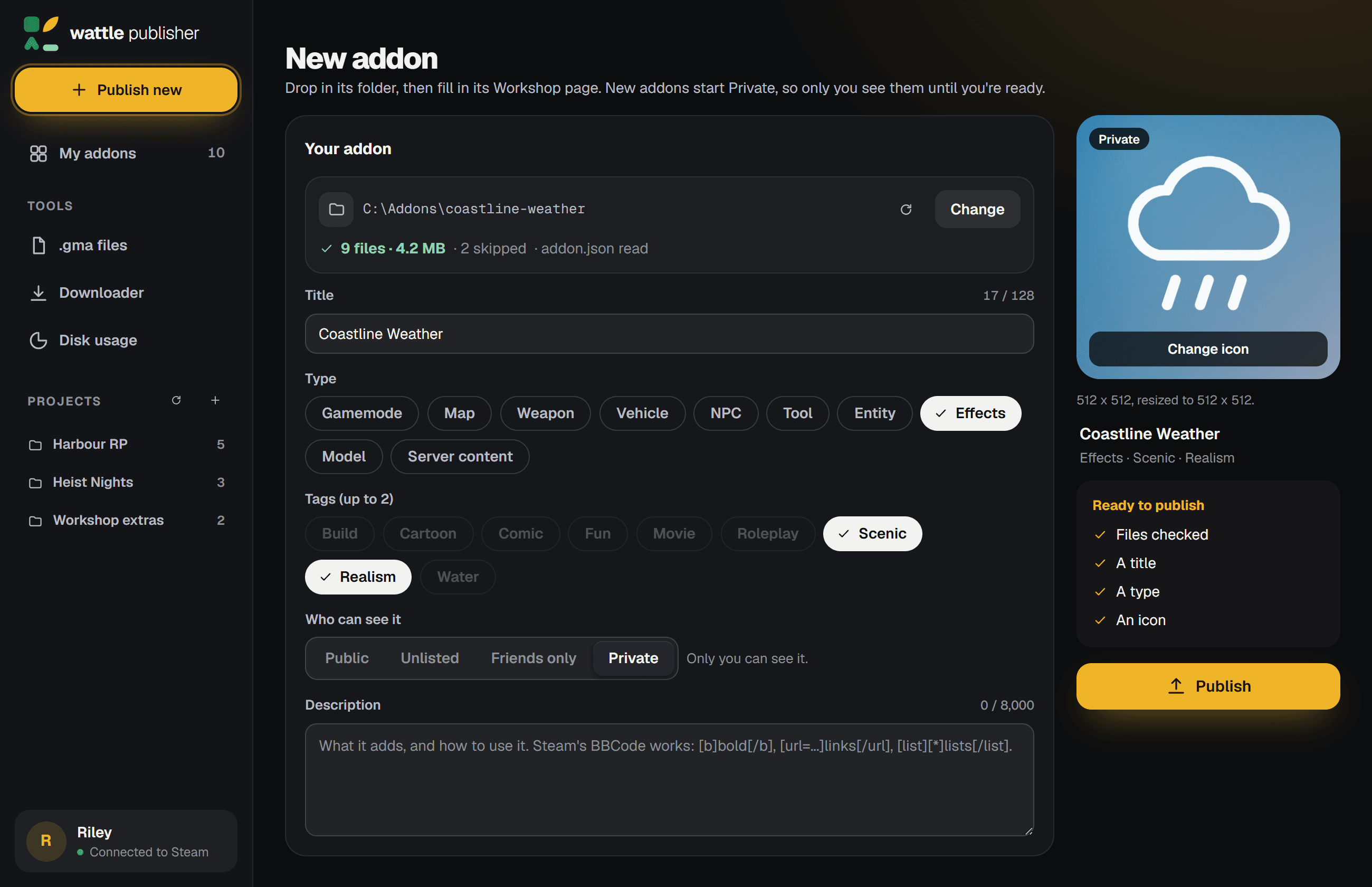 New addon: its folder checked, addon.json read, the type and tags chosen, and a preview of its Workshop tile ready to publish