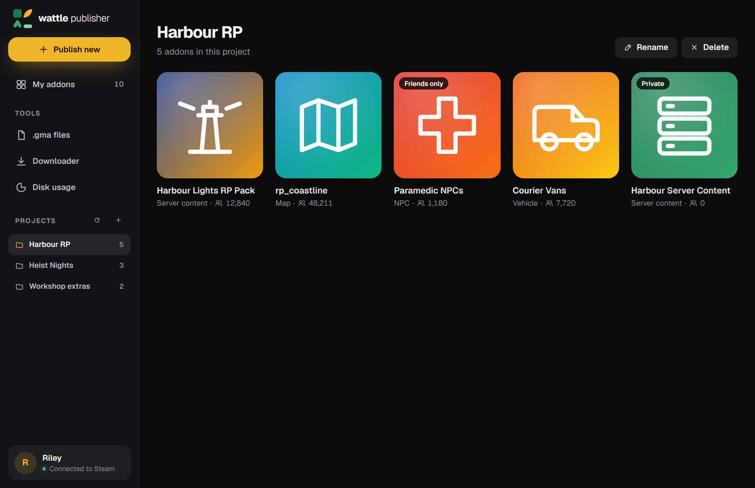 A project called Harbour RP holding five addons, with Rename and Delete